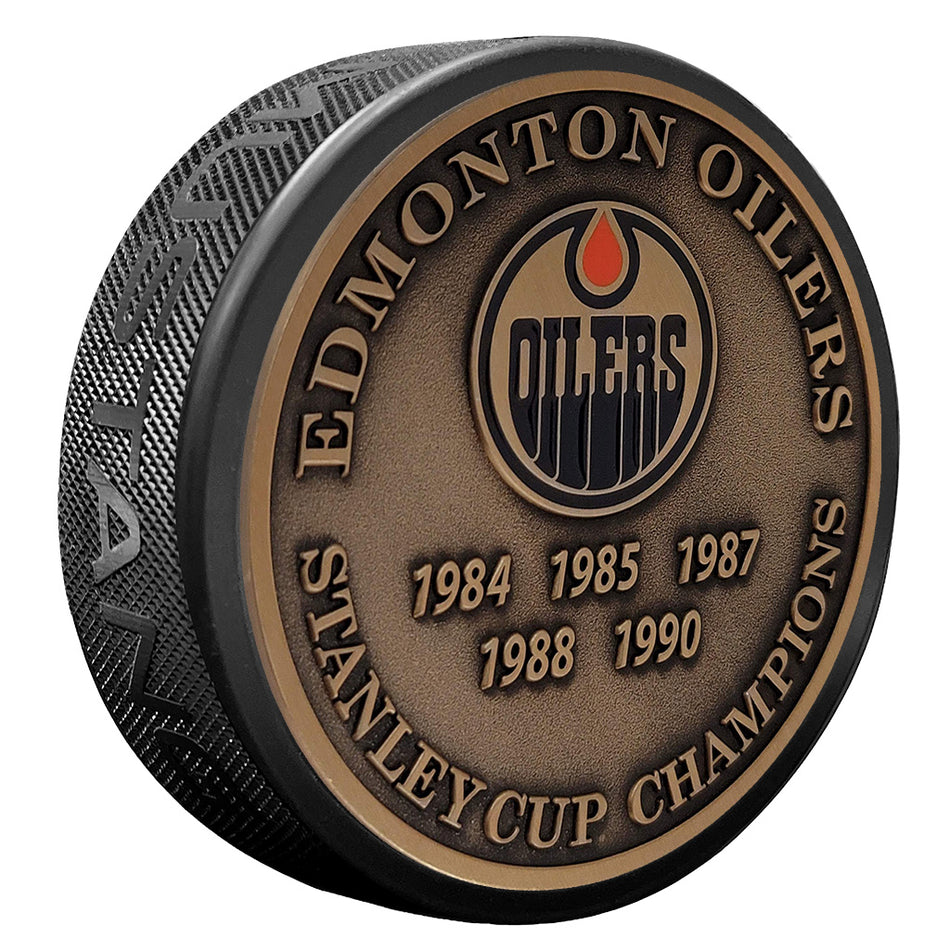 Edmonton Oilers Puck | Stanley Cup Years Gold Medallion
