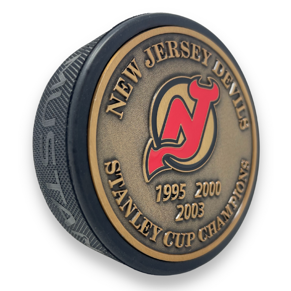 New Jersey Devils Puck - Stanley Cup Years Gold Medallion
