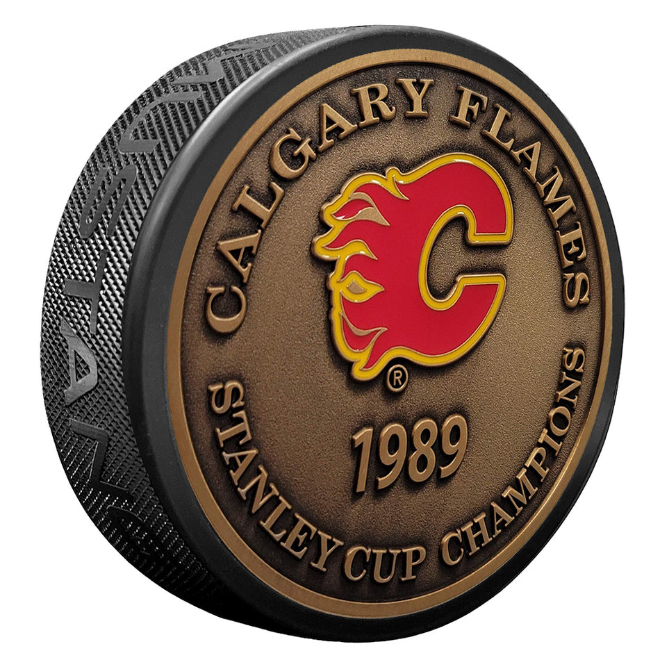 Calgary Flames Puck - Stanley Cup Years Gold Medallion