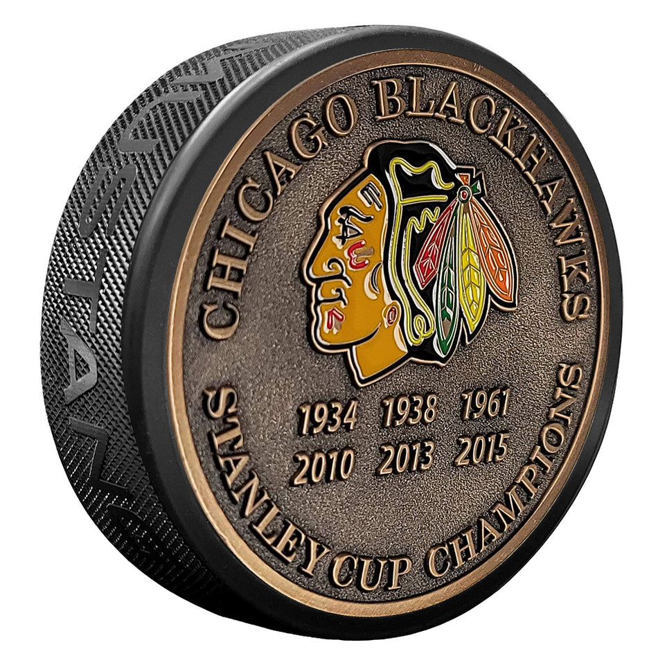 Chicago Blackhawks Puck - Stanley Cup Years Gold Medallion