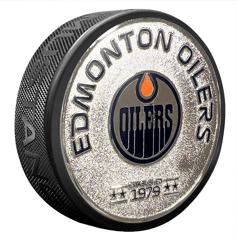 Edmonton Oilers Puck | Established Silver Medallion