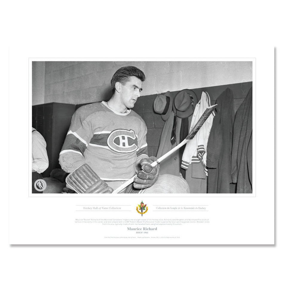 Montreal Canadiens Memorabilia - 1961 Maurice Richard Stick Inspection x Black & White Classic - 12" x 16" Print
