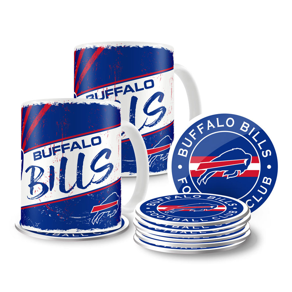 Buffalo Bills Mug & Coaster Set - 2 Pack 15oz Mugs | 8 Pack Coasters