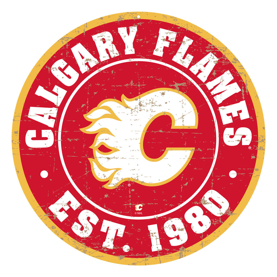 Calgary Flames Wall Sign - 22" Round Distressed