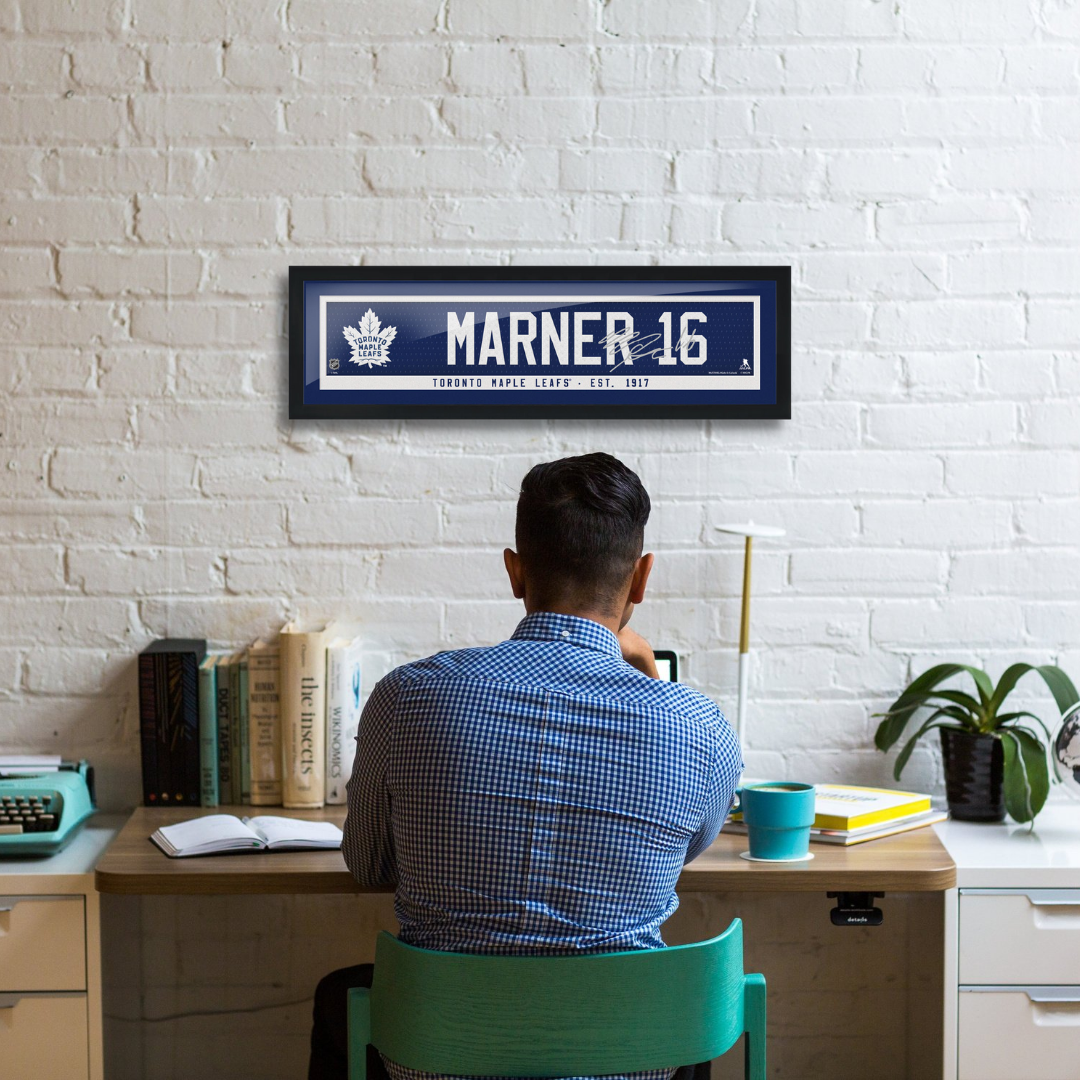 Toronto Maple Leafs Art-Mitch Marner Name Bar with Replica Autograph Frame 6"x22" in home office