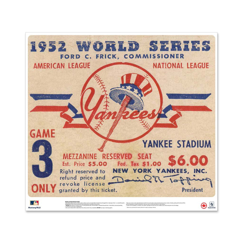 24" Repositionable W Series Ticket New York Yankees Left 1952G3L